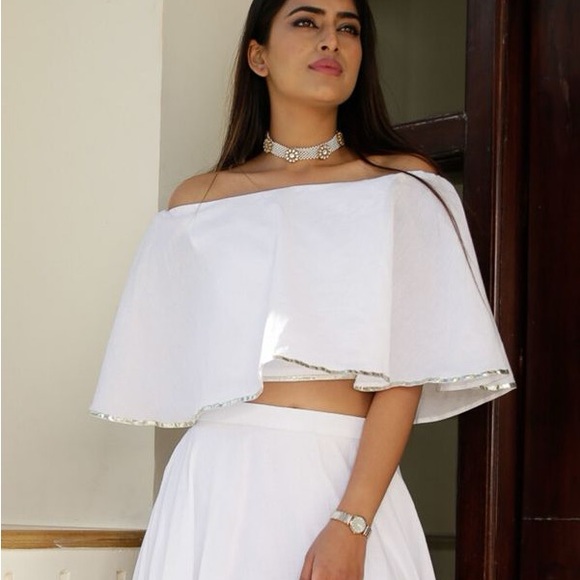 White Off-Shoulder Crop Top with Floral Embroidery on Maxi Skirt Size Small - Picture 3 of 4